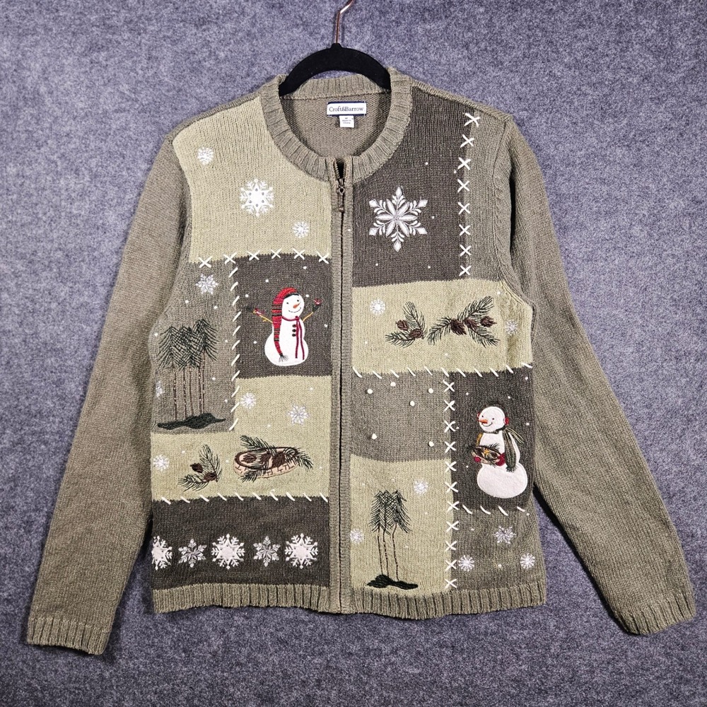 Womens Winter Cardigan Full Zip Snowman Snowflake Holiday Cozy Whimsical Sz M